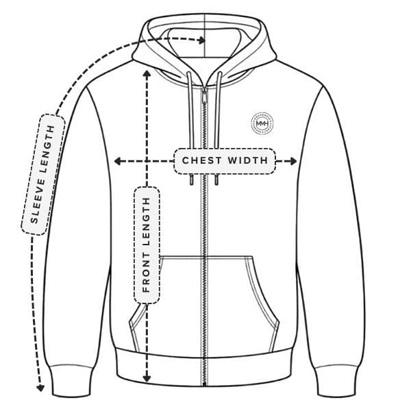 Gildan 18600 unisex zip hoodie measurement guide showing half-chest width, body length and sleeve length